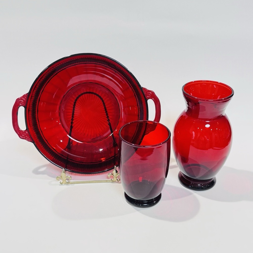 Vintage Ruby Red Pressed Glass Three-Piece Lot Vases Bowl w Ornate Handles